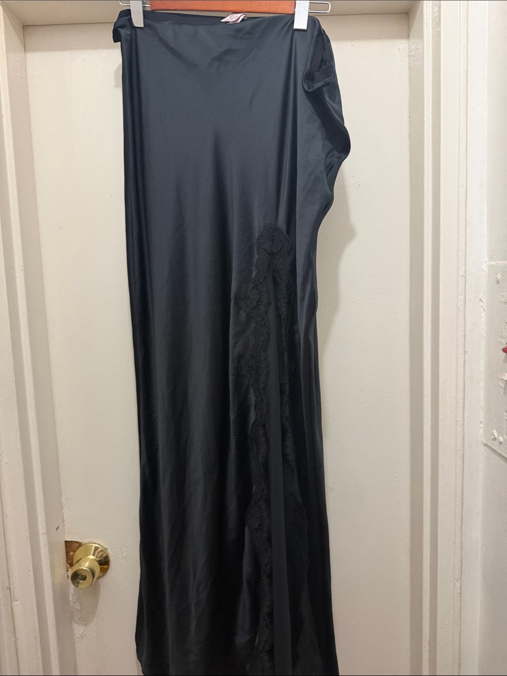Victoria's Secret Black Satin Maxi Skirt with Lace Trim